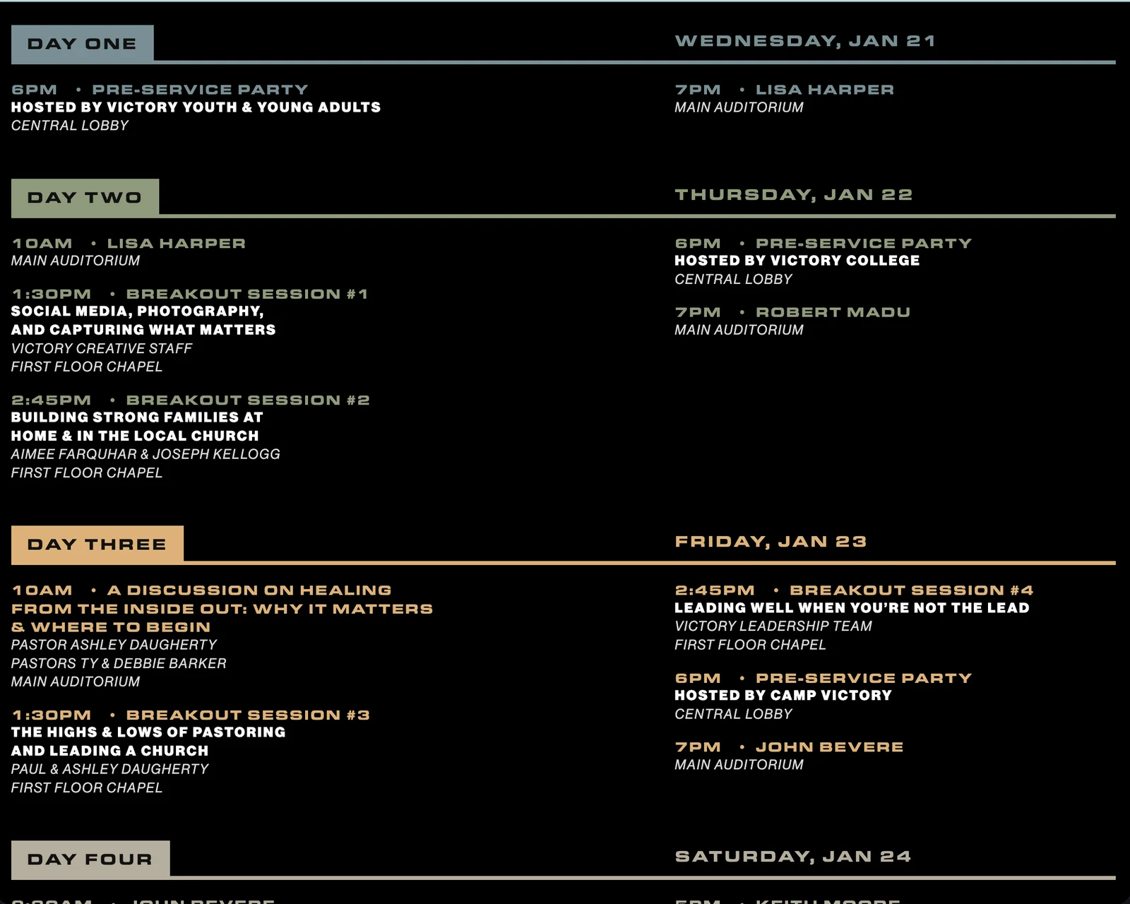 Victory Conference event site schedule
