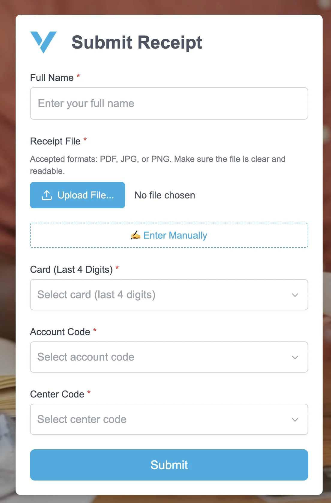 Submit Receipt form