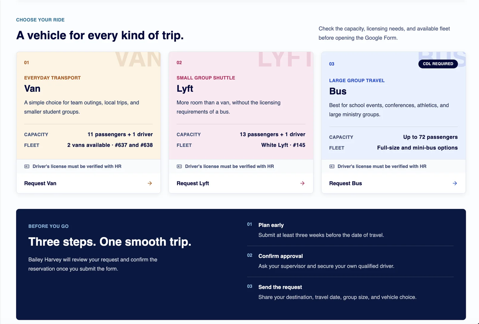 Vehicle request tool — choose your ride