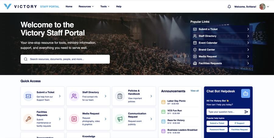 Victory Staff Portal homepage